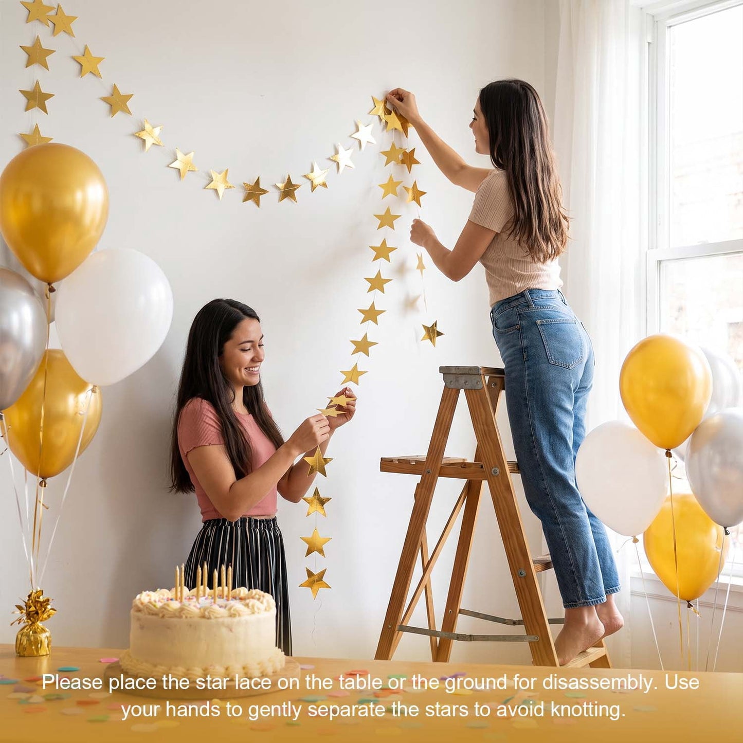 Ayieyill Glittering Gold Star Garland, 130FT Hanging Stars Banner, Star Backdrop, Perfect for Christmas Decorations, Halloween and Graduation Season