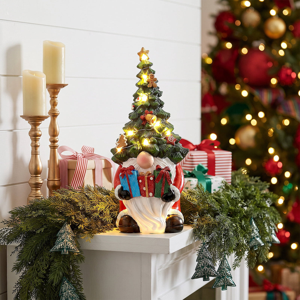 Ayieyill Christmas Gnome Decorations, 11-Inch Lighted Resin Gnome Christmas Tree Figurine with LED Lights for Indoor Christmas Decor on Bookshelves, Mantels and Tabletops