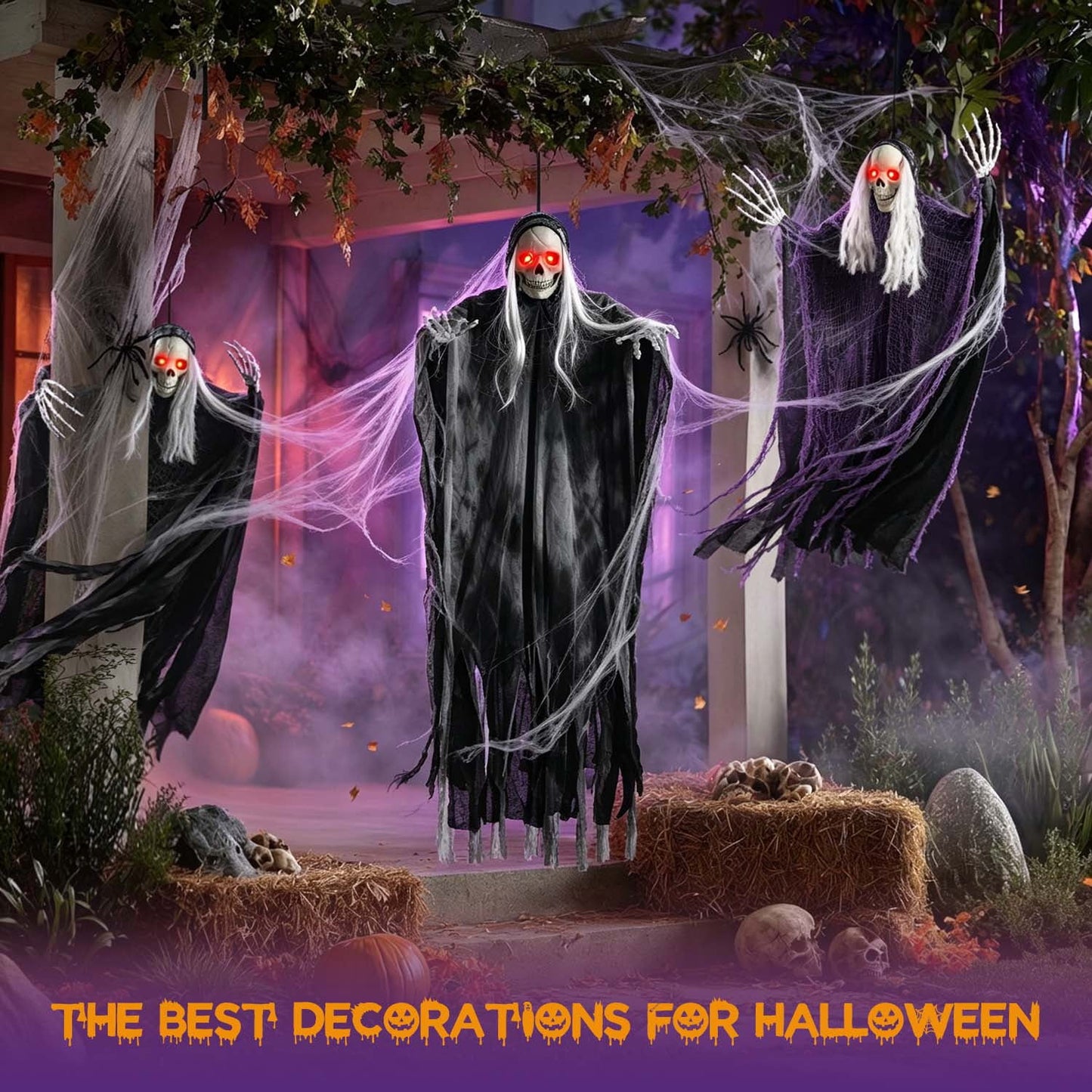 Ayieyill 3 Pack Hanging Skeleton Ghosts for Halloween Decorations Outdoor, Grim Reaper for Halloween Decor