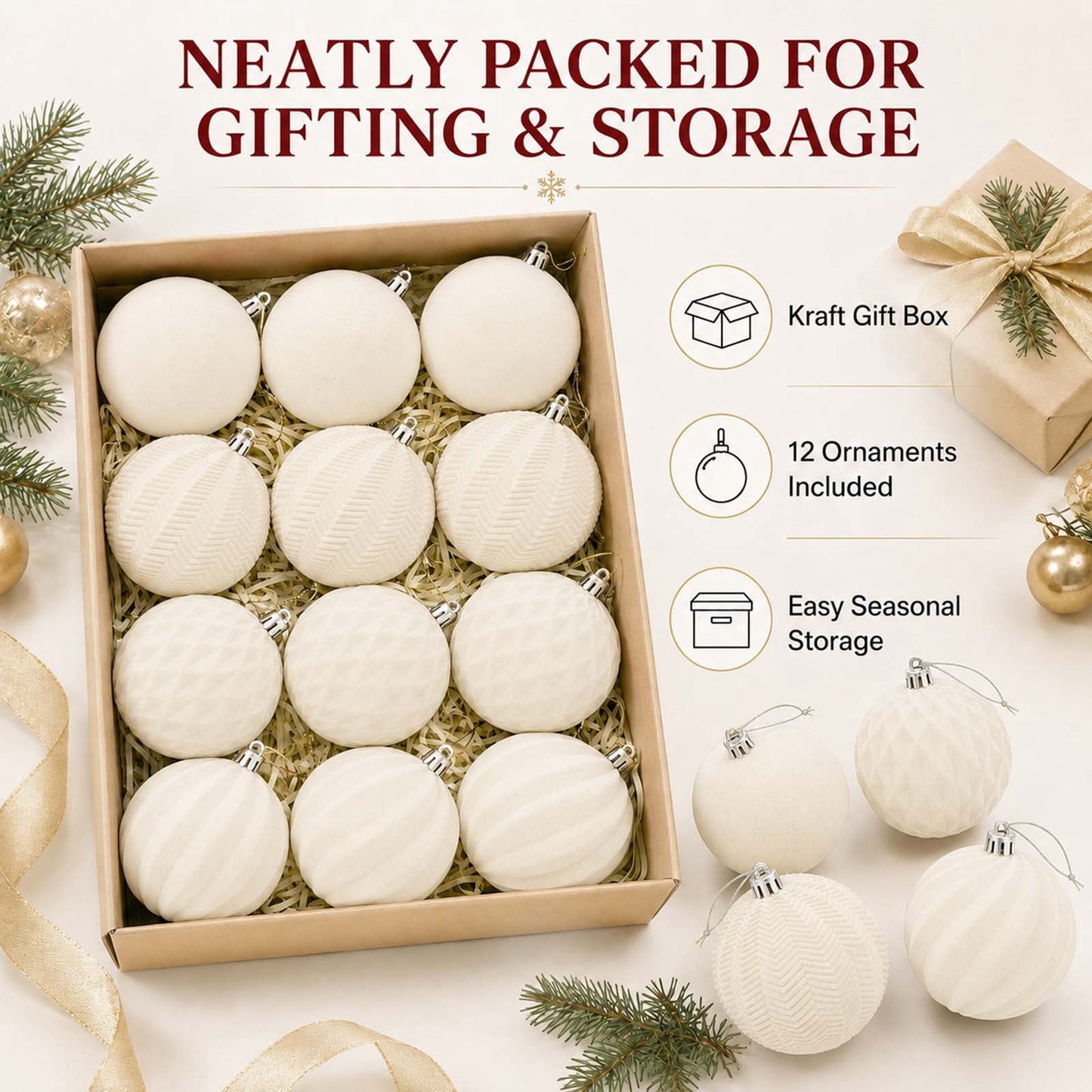 Ayieyill 12 Pack Christmas Ball Ornaments, Flocked Christmas Tree Ornaments, Christmas Hanging Ornaments for Christmas Decorations Indoor