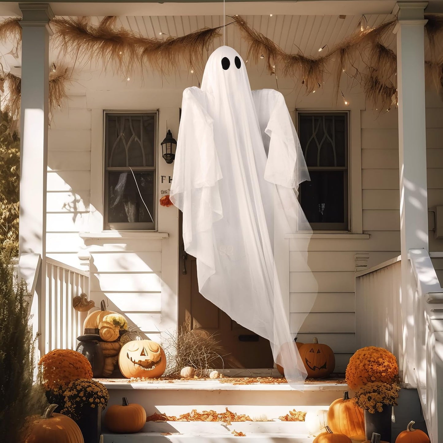 Ayieyill Halloween Ghost Decor with Blue LED Light, 47” Light up Hanging Ghost Halloween Yard Porch Decorations Outdoor