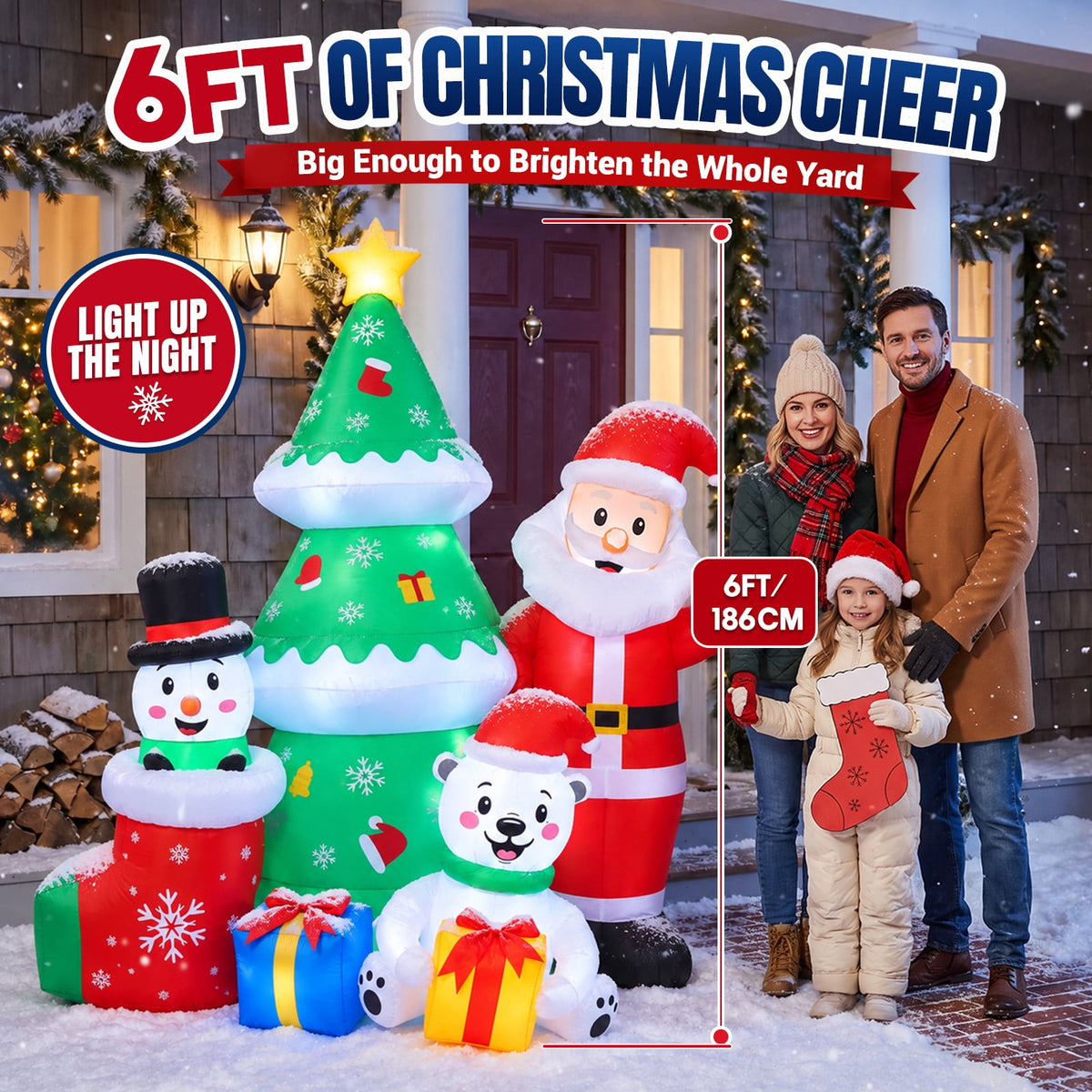 Ayieyill 6ft Christmas Inflatable Outdoor Decoration,Christmas Blow ups Santa Snowman Xmas Tree Polar Bear with L for Lawn Yard Garden