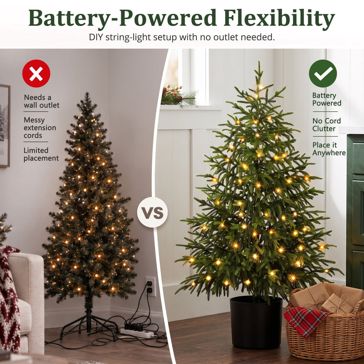 Ayieyill 4FT Norfolk Pine Christmas Tree, 2 Pack Norfolk Pine Tree with 80 LED Lights, Indoor Holiday Christmas Decorations