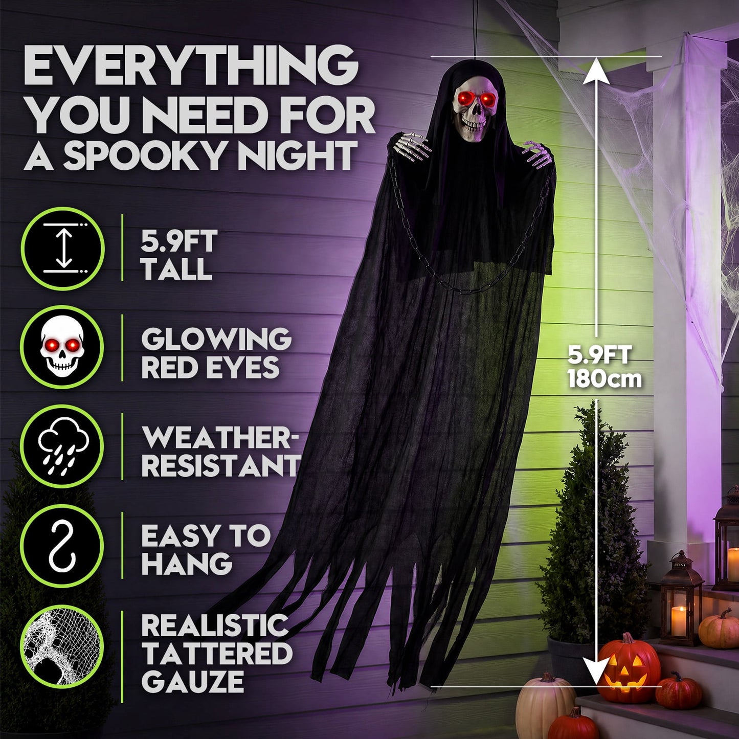 Ayieyill  Halloween Grim Reaper 6ft Hanging Ghost Skeleton Decorations, Spooky Halloween Decor for Yard Haunted House Party Outdoor
