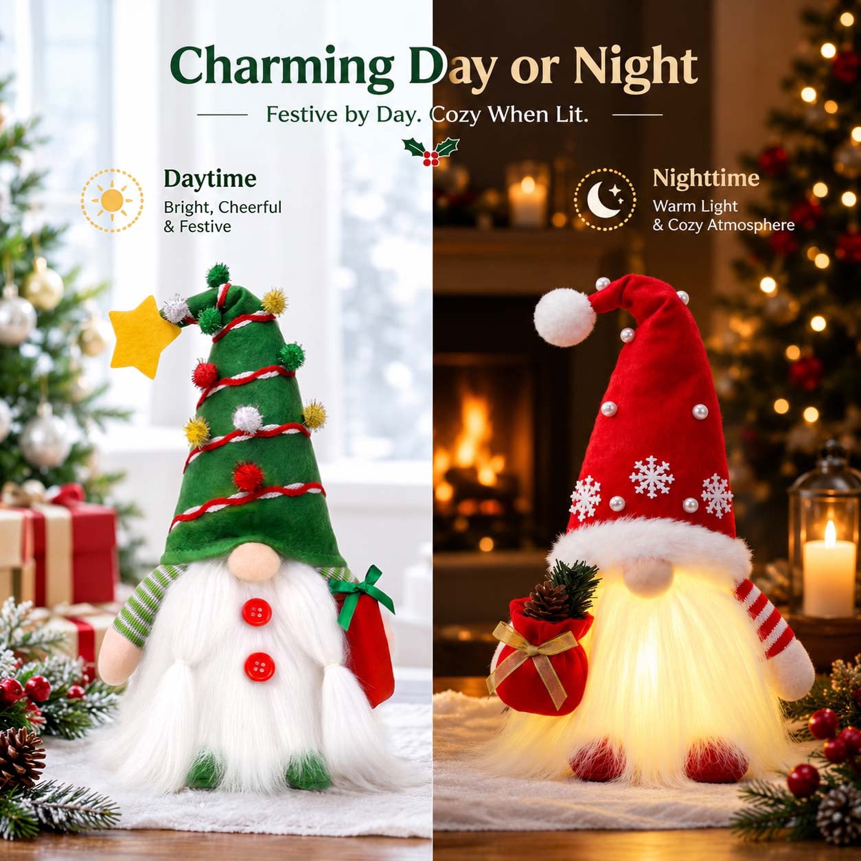 Ayieyill Lighted Christmas Gnomes Plush, Handmade Swedish Tomte Holiday Gnome Figurines, Gnome Christmas Decorations 2 Set