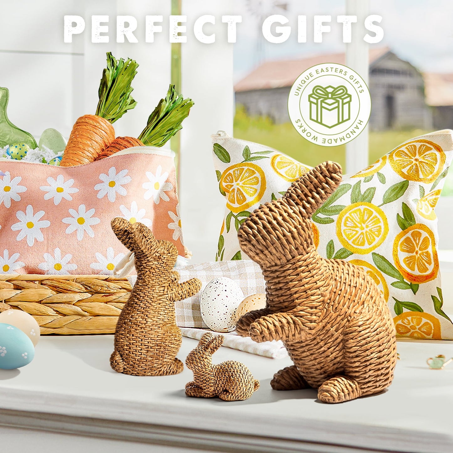 Ayieyill Easter Bunny Egg Decorations 2Pcs, Resin Easter Bunny Figurines for Home, Courtyard, Tabletop Enhance The Easter Atmosphere