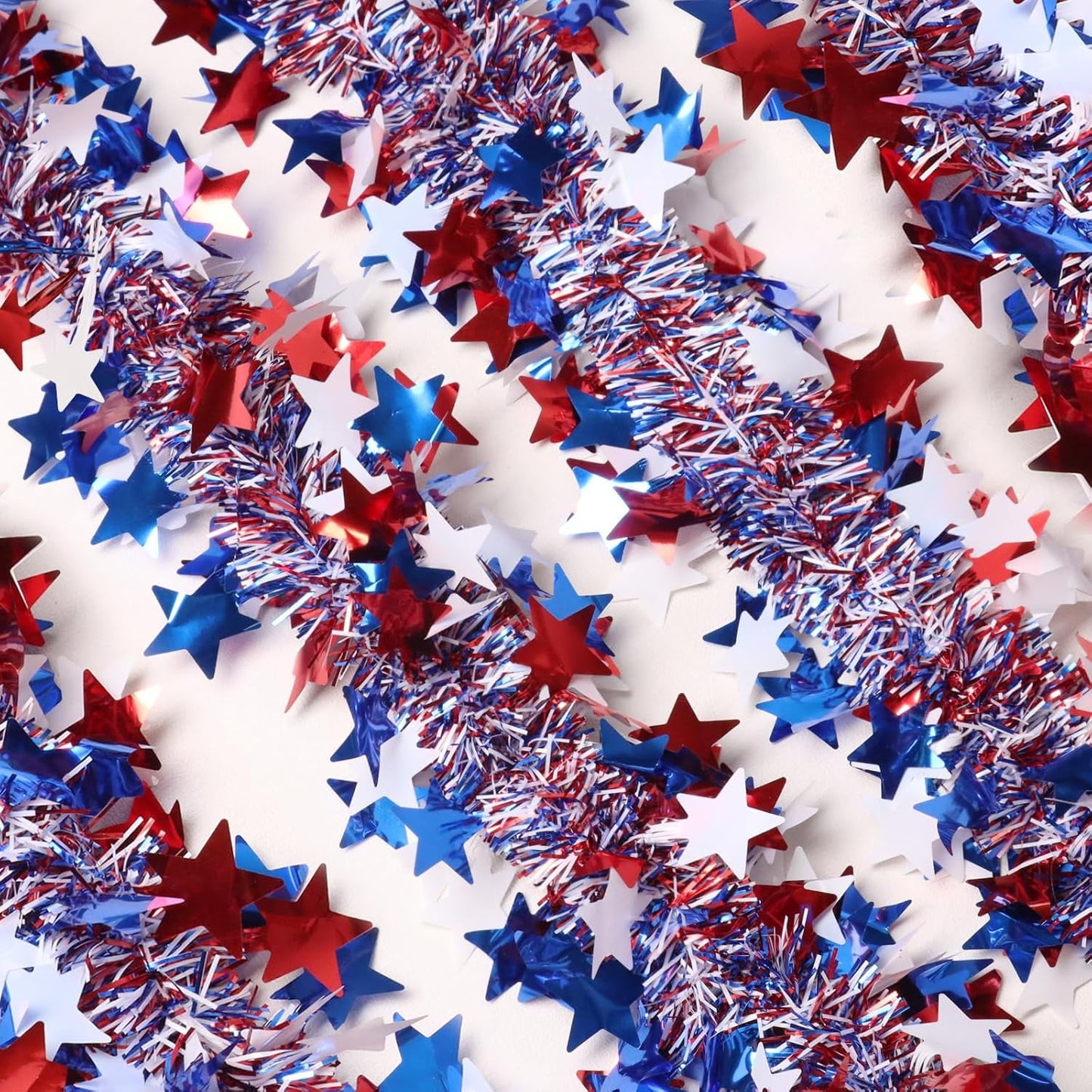 Ayieyill 4th of July Garland Patriotic Decorations, Glitter Metallic Tinsel Twist Patriotic Garland, 4th of July Decorations for Parade Float, Wndows, Doors, Stairs, Fireplaces