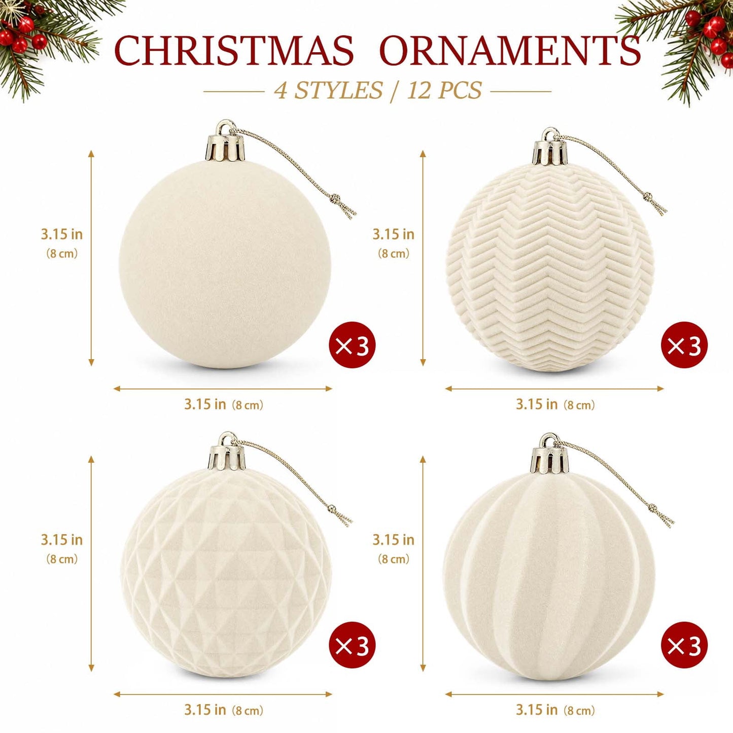 Ayieyill 12 Pack Christmas Ball Ornaments, Flocked Christmas Tree Ornaments, Christmas Hanging Ornaments for Christmas Decorations Indoor