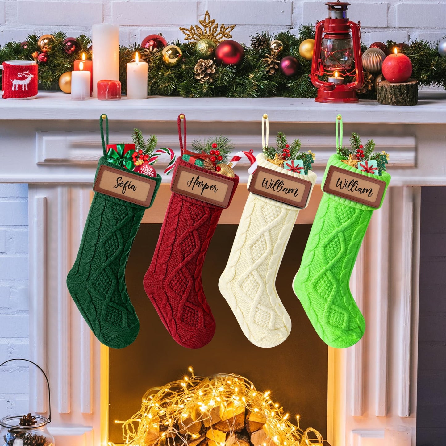 Ayieyill 6Pack Christmas Stockings, 17.7Inches Large Knitted Stocking Personalized Xmas Hanging Stocking Decorations with Name Leather Patches for Holiday Christmas Party Family Decor (Green Red）