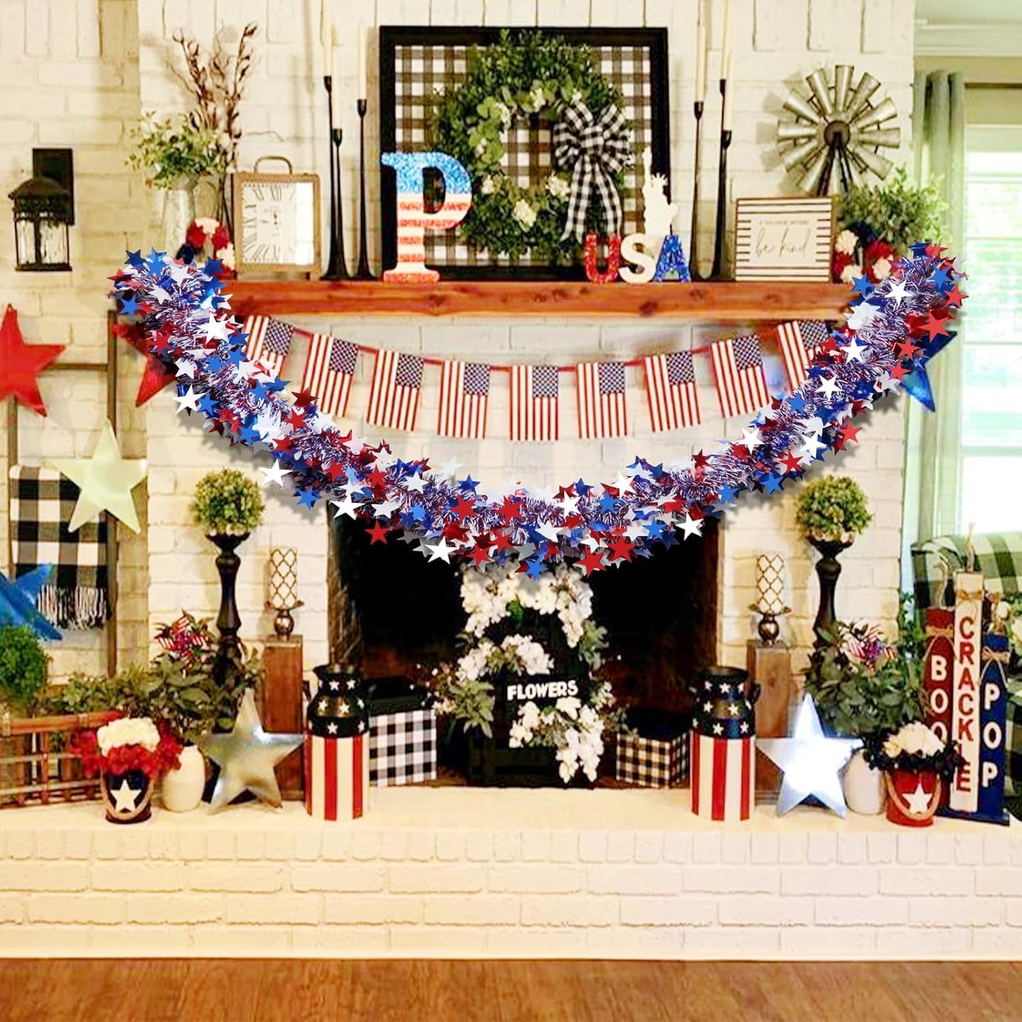 Ayieyill 4th of July Garland Patriotic Decorations, Glitter Metallic Tinsel Twist Patriotic Garland, 4th of July Decorations for Parade Float, Wndows, Doors, Stairs, Fireplaces