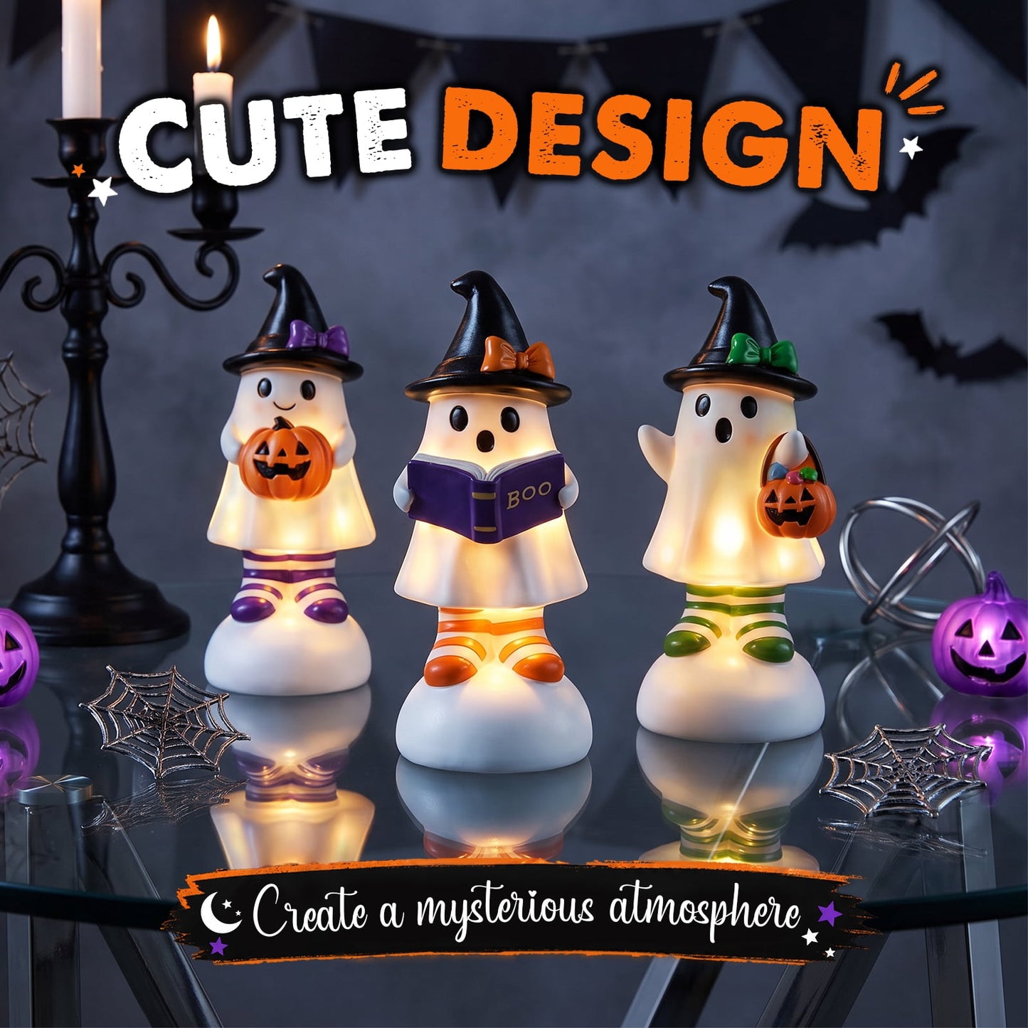 Ayieyill 3pcs Cute Spooky Ceramic Ghost for Halloween Decoration Indoor, Halloween Decorations,Ghost Figurines with Hats - Halloween Table Decorations