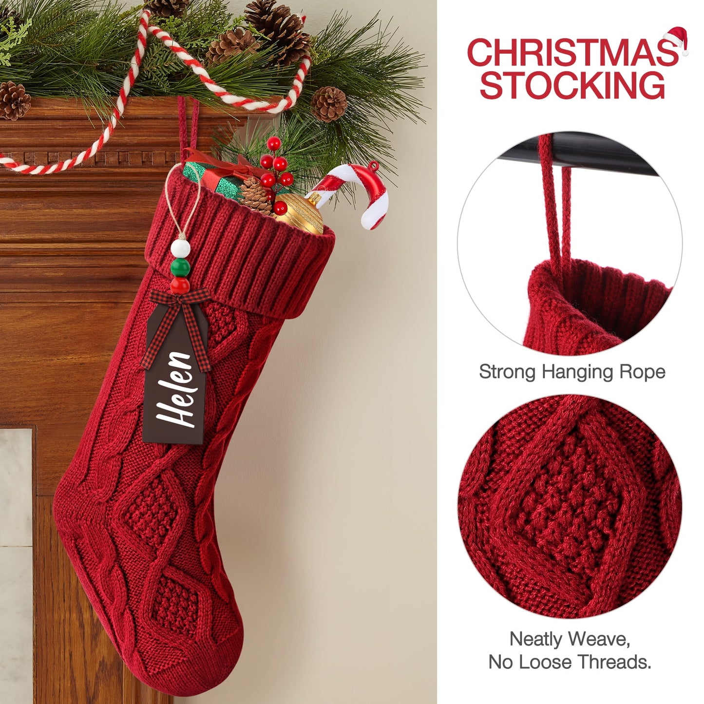Ayieyill 6Pack Christmas Stockings, 18" Large Knitted Stocking Personalized Xmas Hanging Stocking Decorations with Name Leather Patches for Holiday Christmas Party Family Decor