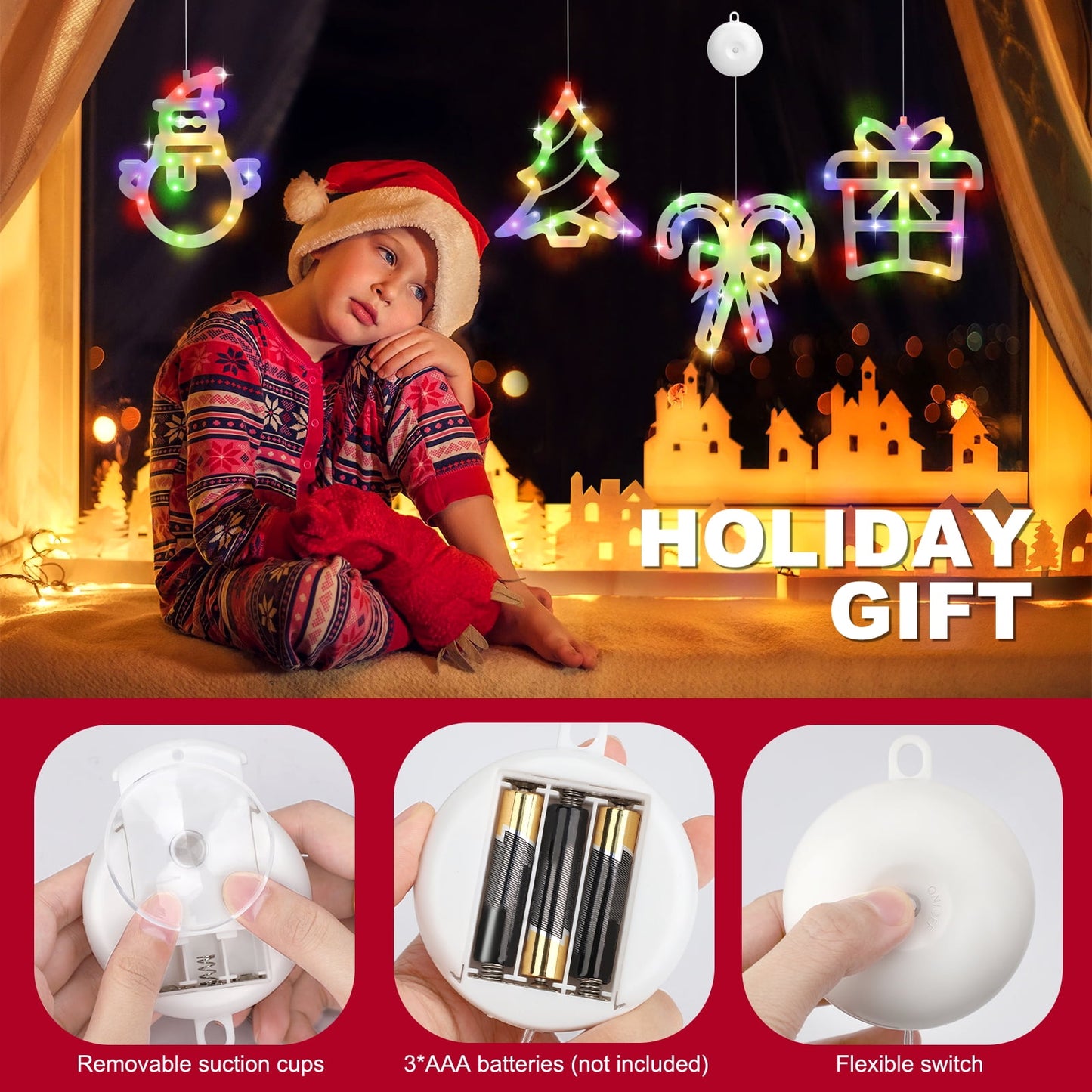 Ayieyill Christmas Window Decorations Lighted Indoor, Christmas Window Clings with Suction Cup | 4 Pcs