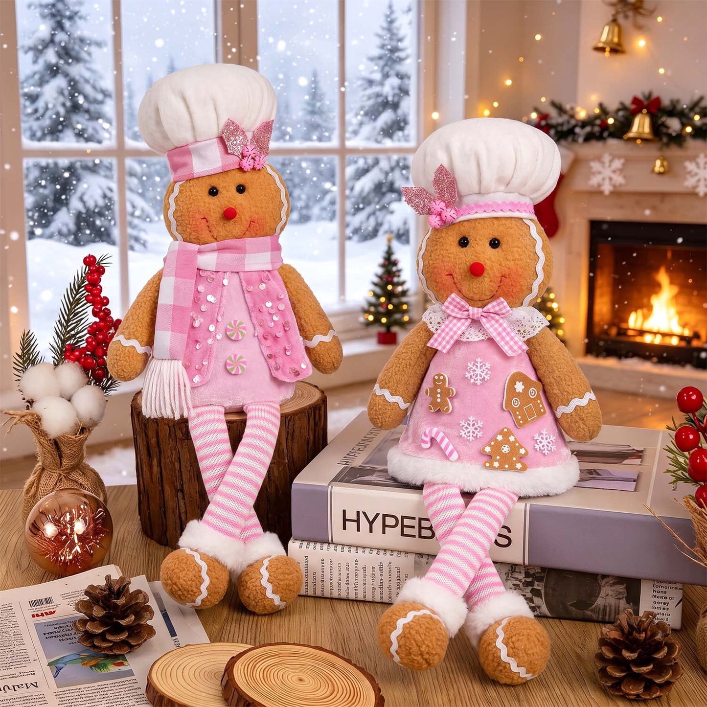 Ayieyill 2Pcs Christmas Gingerbread Man Plush Dolls, Pink Sitting Long Leg Gingerbread Plush, Cute Gingerbread Decor for Christmas Holiday Home Party