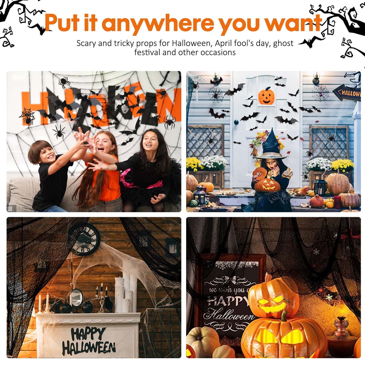 Ayieyill Halloween Bats Wall Decals, 126pcs Halloween Decorations Decals Halloween Decor