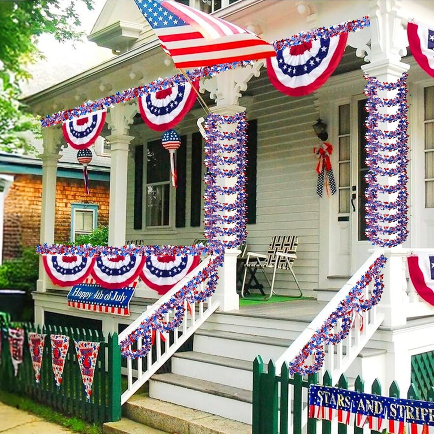 Ayieyill 4th of July Garland Patriotic Decorations, Glitter Metallic Tinsel Twist Patriotic Garland, 4th of July Decorations for Parade Float, Wndows, Doors, Stairs, Fireplaces