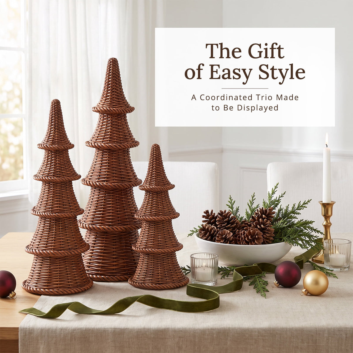 Ayieyill 3 Pcs Woven Christmas Tree Decor Rustic Christmas Tabletop Decor, Farmhouse Table Centerpiece