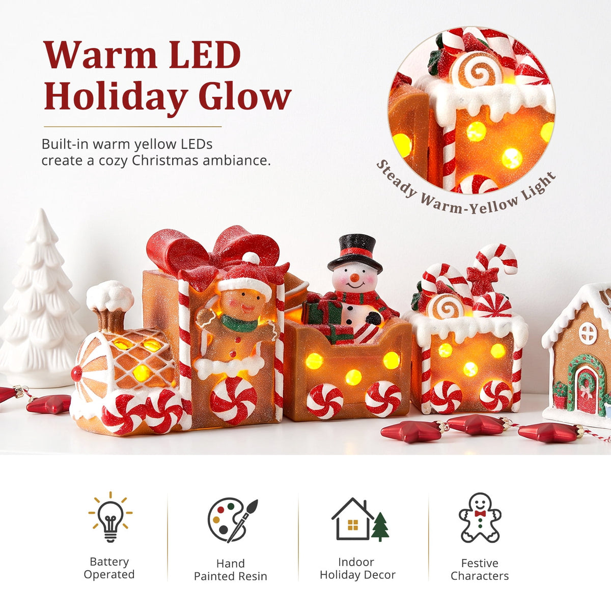 Ayieyill Lighted Gingerbread Train Christmas Decor Set, 3PCS Christmas Train Table Decor, Gingerbread Man Figurine Christmas Train Decoration for Indoor Decoration & Holiday Gift