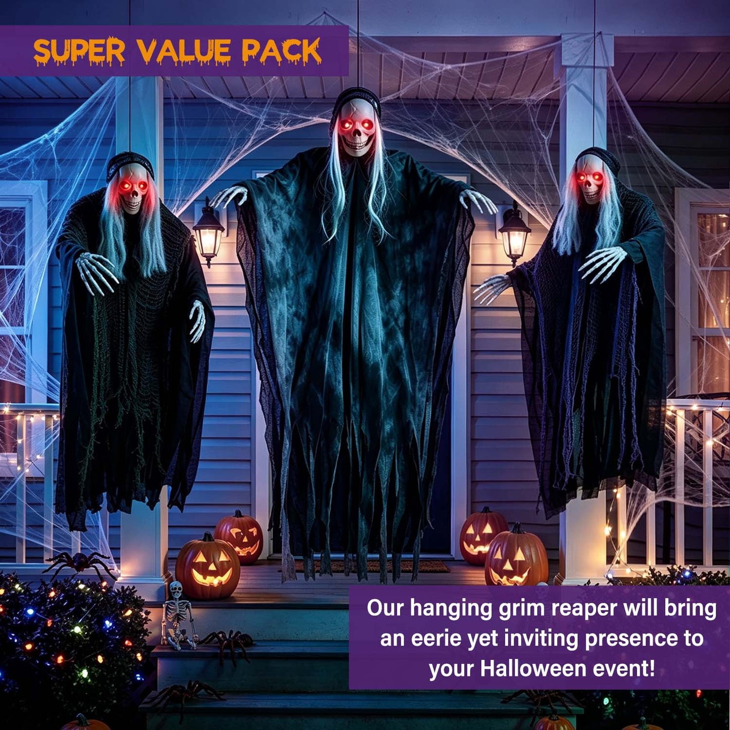 Ayieyill 3 Pack Hanging Skeleton Ghosts for Halloween Decorations Outdoor, Grim Reaper for Halloween Decor