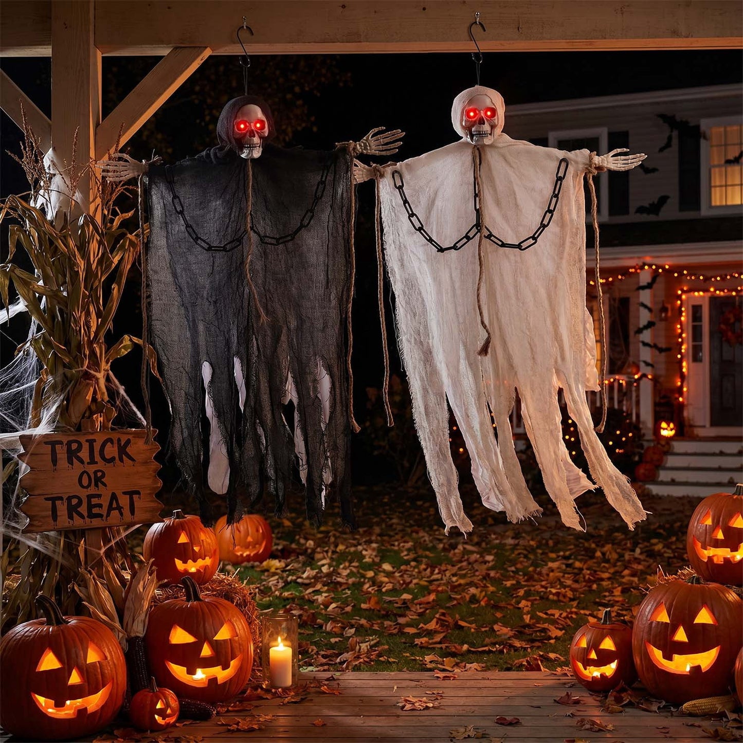 Ayieyill 2Pcs Hanging Ghost Skeleton Decorations, Spooky Halloween Decor for Outdoor Yard Haunted House Party
