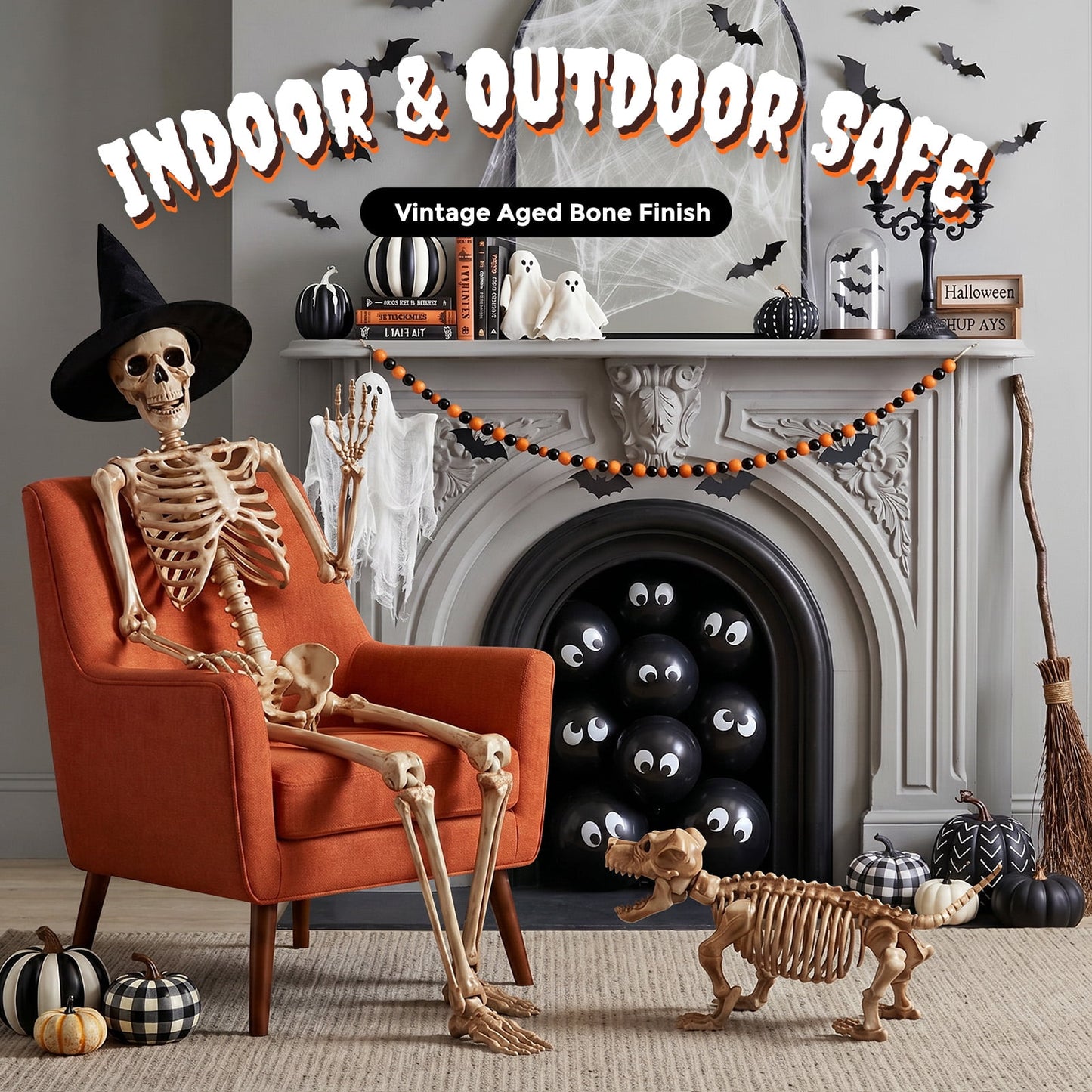 Ayieyill 65IN Halloween Skeleton Decorations, Weathered Posable Skeleton Decor for Halloween Decorations Outdoor Indoor