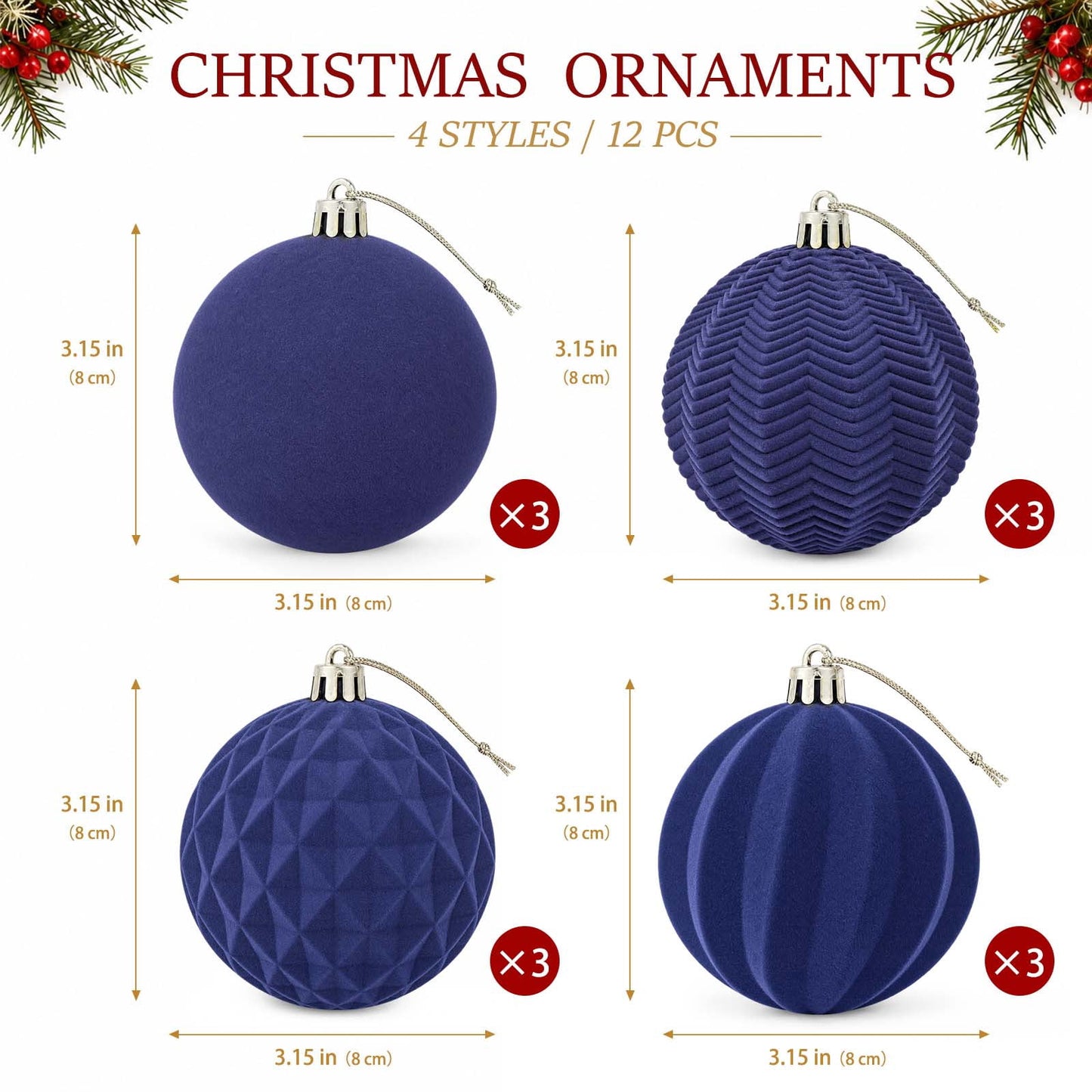 Ayieyill 12 Pack Christmas Ball Ornaments, Flocked Christmas Tree Ornaments, Christmas Hanging Ornaments for Christmas Decorations Indoor