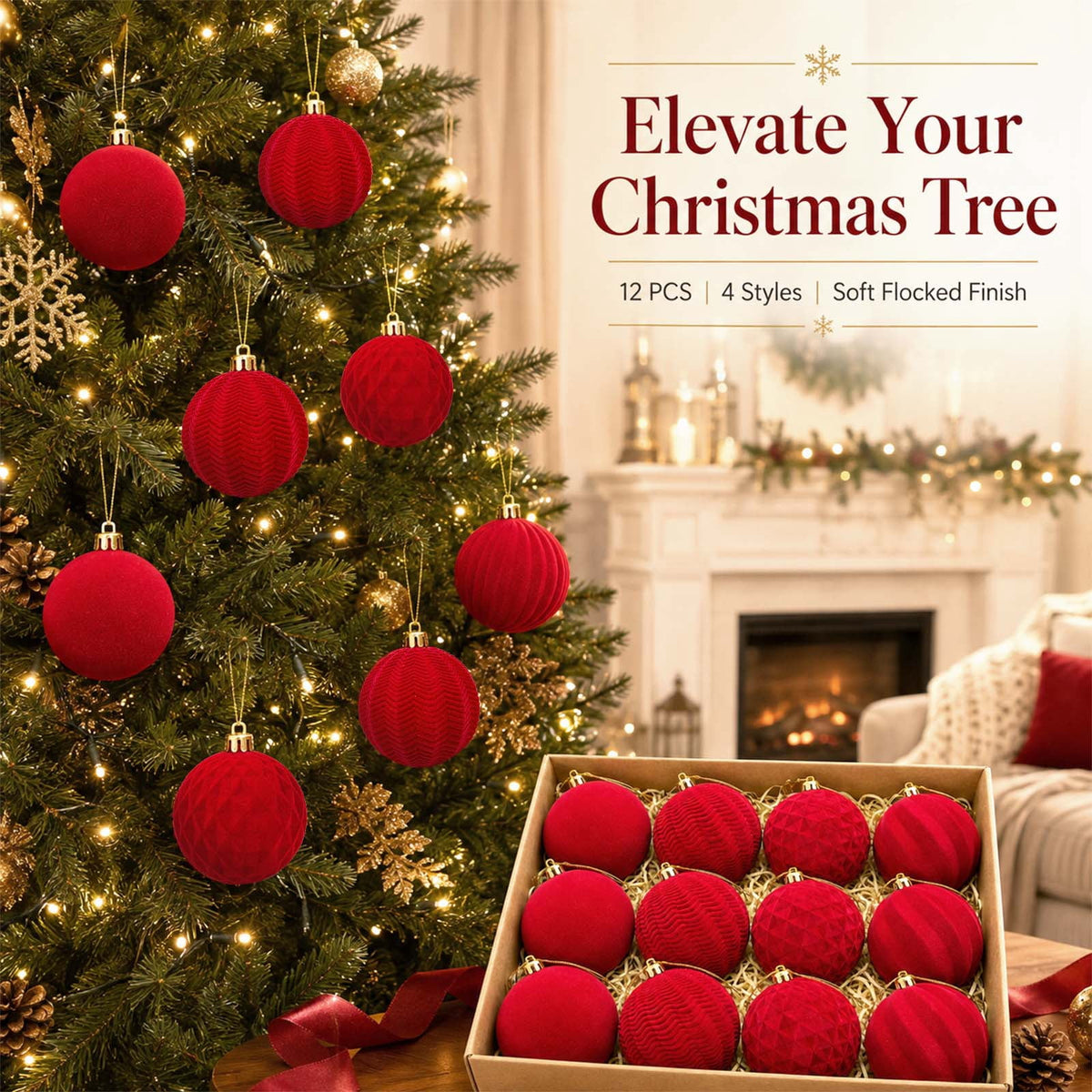 Ayieyill 12 Pack Christmas Ball Ornaments, Flocked Christmas Tree Ornaments, Christmas Hanging Ornaments for Christmas Decorations Indoor