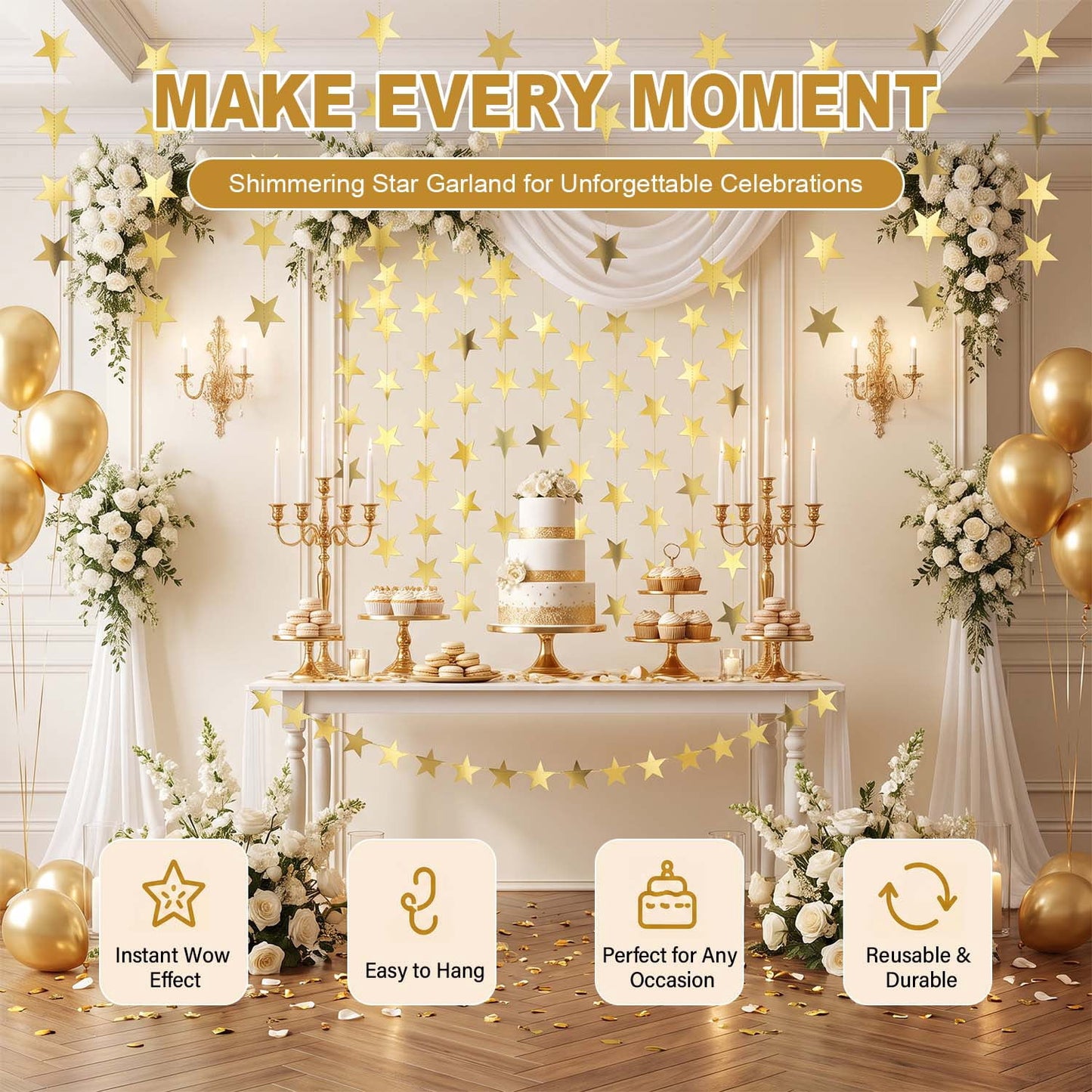 Ayieyill Glittering Gold Star Garland, 130FT Hanging Stars Banner, Star Backdrop, Perfect for Christmas Decorations, Halloween and Graduation Season