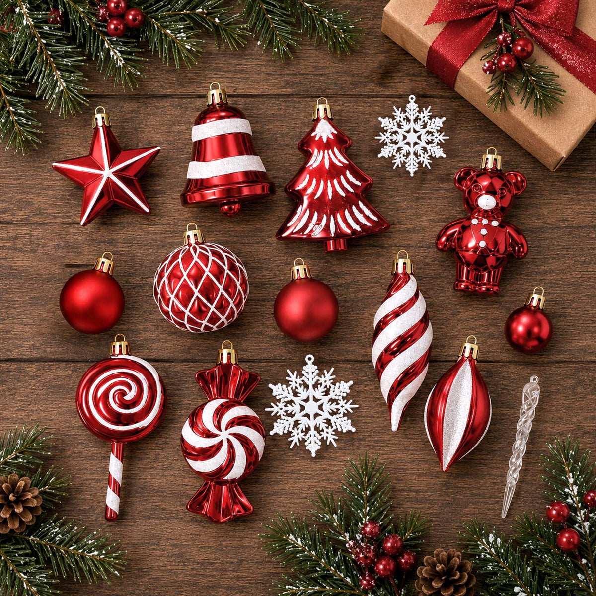Ayieyill 40ct Christmas Ball Ornaments, Candy Cane Christmas Ornament Set, Shatterproof Christmas Ball with Rope for Tree