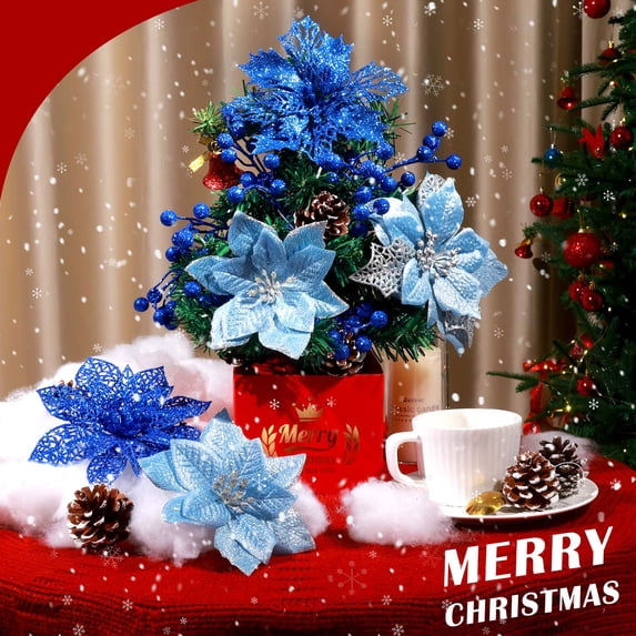 Ayieyill 56Pcs Poinsettia Christmas Flowers Decorations Christmas flower ornaments Artificial Glitter Berry Stems Christmas Pine Cones Christmas Tree Ornaments Set Christmas Tree Decorations