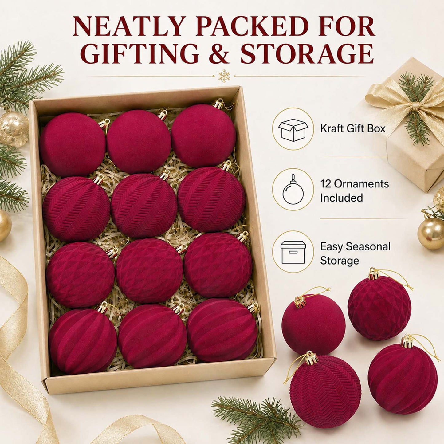 Ayieyill 12 Pack Christmas Ball Ornaments, Flocked Christmas Tree Ornaments, Christmas Hanging Ornaments for Christmas Decorations Indoor