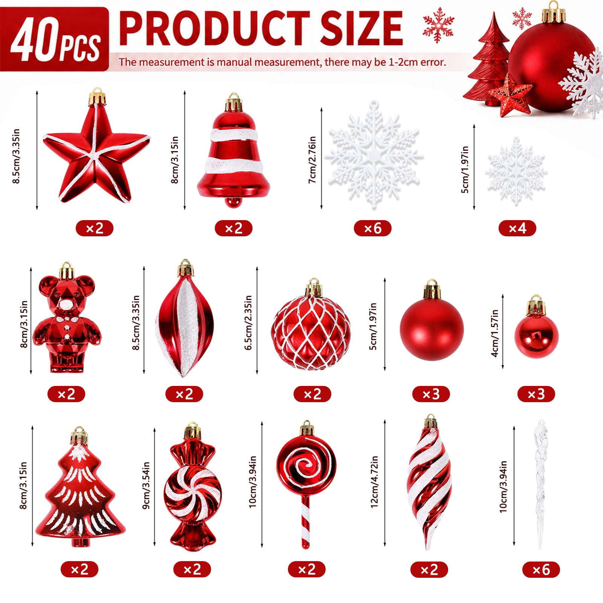 Ayieyill 40ct Christmas Ball Ornaments, Candy Cane Christmas Ornament Set, Shatterproof Christmas Ball with Rope for Tree