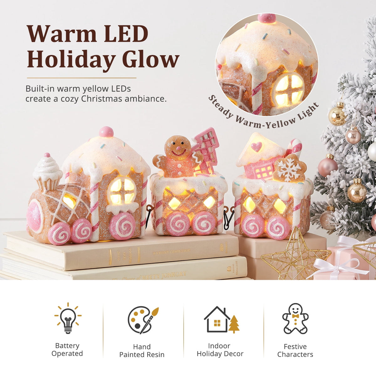 Ayieyill Lighted Gingerbread Train Christmas Decor Set, 3PCS Christmas Train Table Decor, Gingerbread Man Figurine Christmas Train Decoration for Indoor Decoration & Holiday Gift