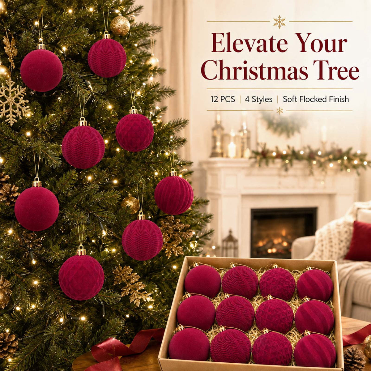 Ayieyill 12 Pack Christmas Ball Ornaments, Flocked Christmas Tree Ornaments, Christmas Hanging Ornaments for Christmas Decorations Indoor