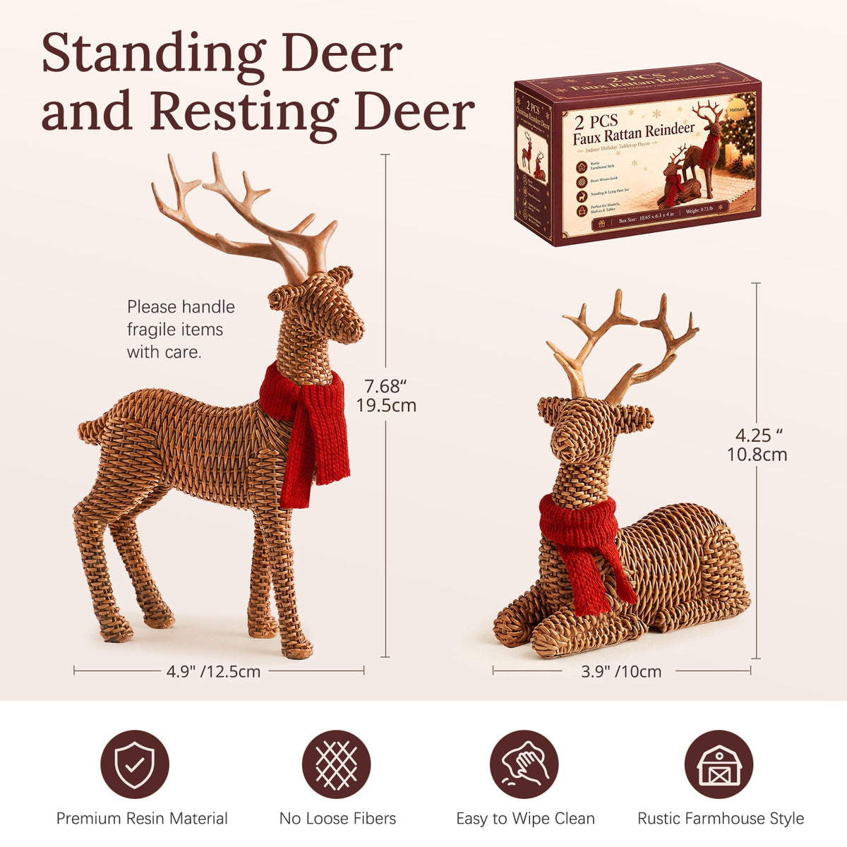 Ayieyill Christmas Reindeer Decorations, 2 Pcs Reindeer Figurines, Resin Christmas Deer Decor with Red Scarf for Christmas Tabletop Decorations Indoor