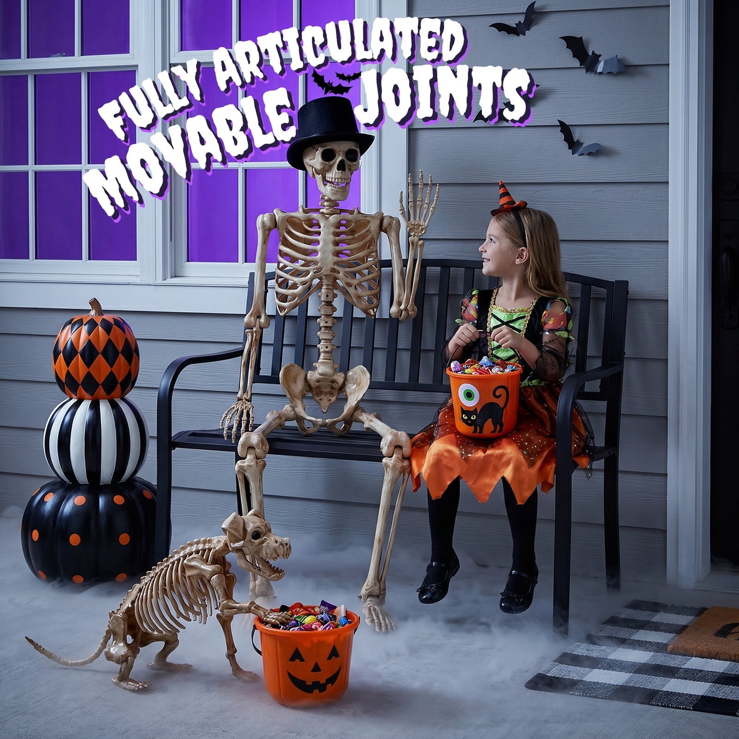 Ayieyill 65IN Halloween Skeleton Decorations, Weathered Posable Skeleton Decor for Halloween Decorations Outdoor Indoor