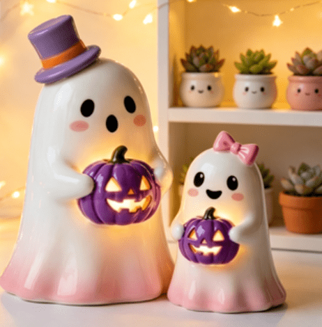 Ayieyill 3pcs Cute Spooky Ceramic Ghost for Halloween Decoration Indoor, Halloween Decorations,Ghost Figurines with Hats - Halloween Table Decorations