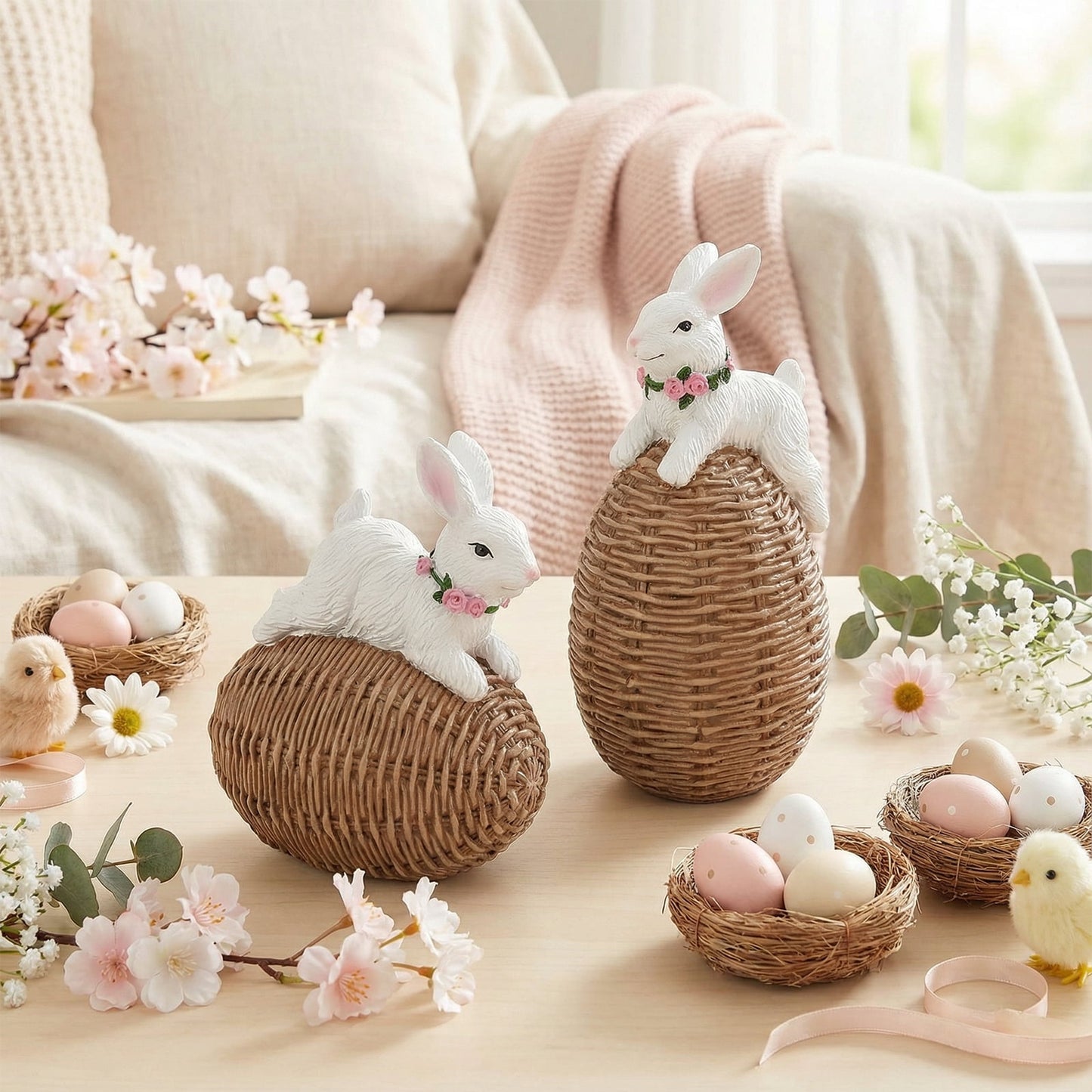 Ayieyill Easter Bunny Egg Decorations 2Pcs, Resin Easter Bunny Figurines for Home, Courtyard, Tabletop Enhance The Easter Atmosphere