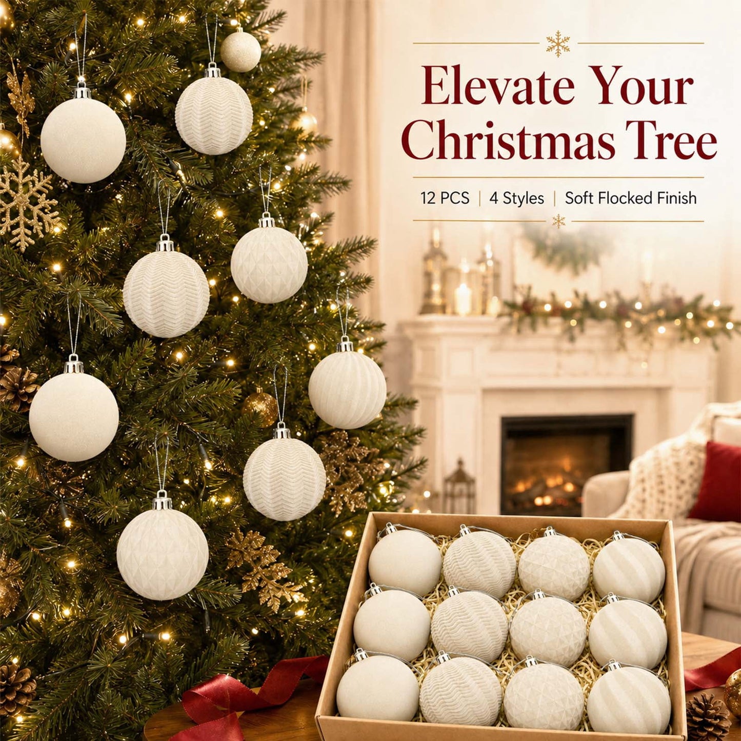 Ayieyill 12 Pack Christmas Ball Ornaments, Flocked Christmas Tree Ornaments, Christmas Hanging Ornaments for Christmas Decorations Indoor