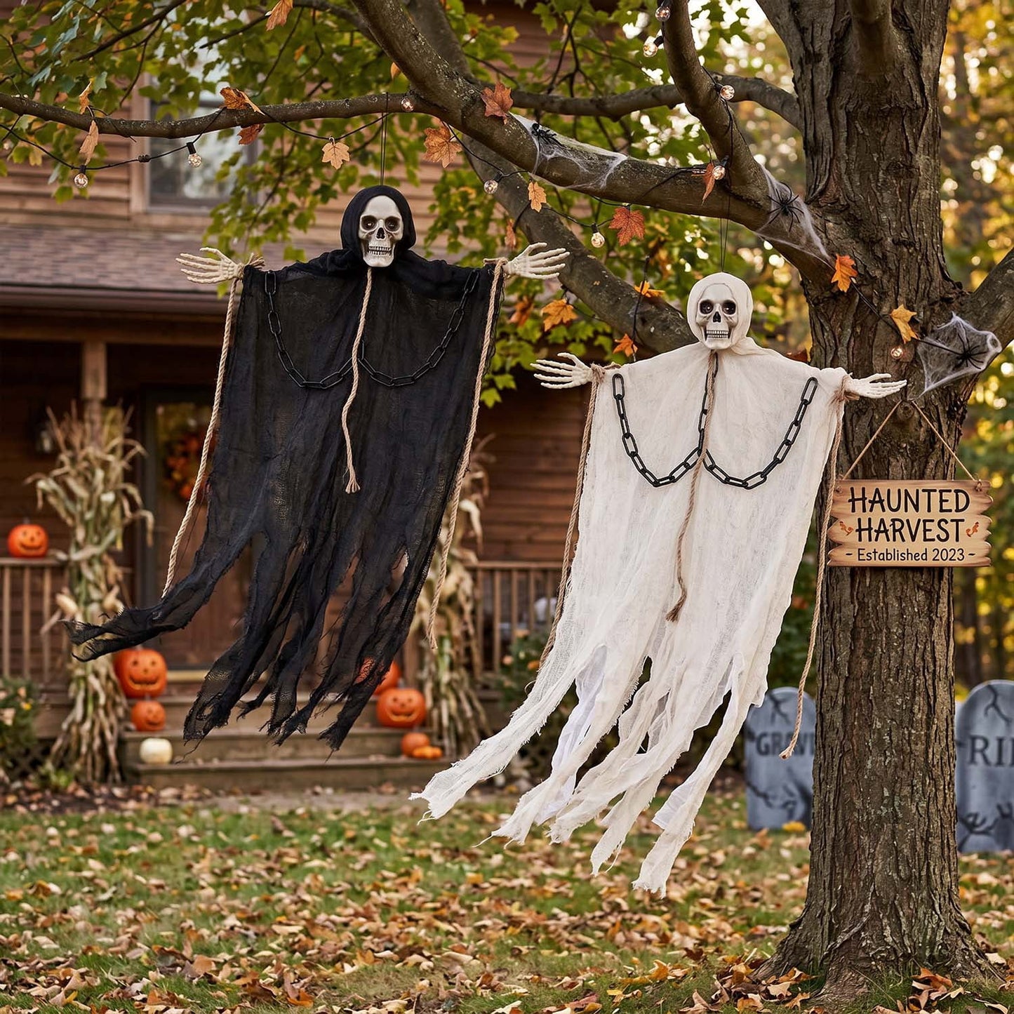 Ayieyill 2Pcs Hanging Ghost Skeleton Decorations, Spooky Halloween Decor for Outdoor Yard Haunted House Party