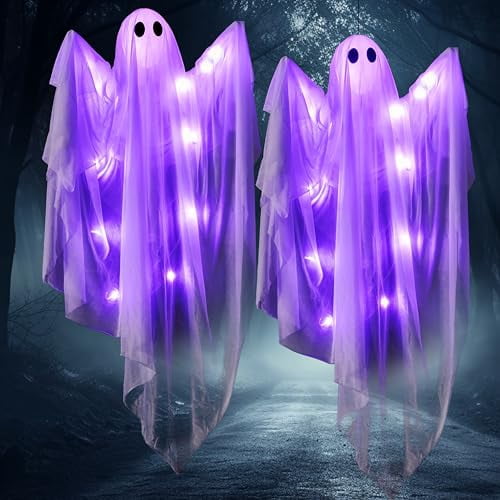 Ayieyill Halloween Ghost Decor with Blue LED Light, 47” Light up Hanging Ghost Halloween Yard Porch Decorations Outdoor