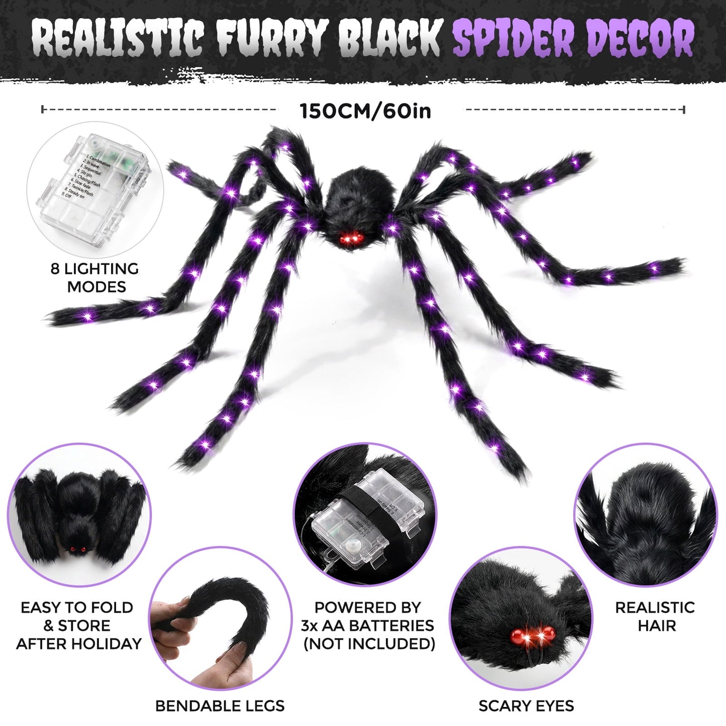 Ayieyill 5ft Giant Light-up Halloween Spider, Scary Hairy Fabric Spider for Indoor Outdoor Yard Haunted House Decor