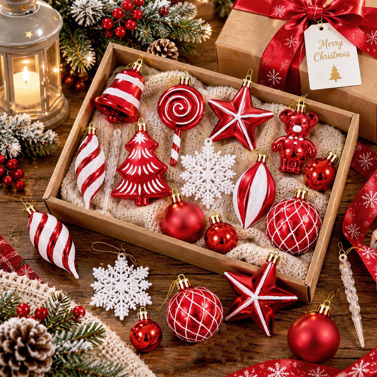 Ayieyill 40ct Christmas Ball Ornaments, Candy Cane Christmas Ornament Set, Shatterproof Christmas Ball with Rope for Tree