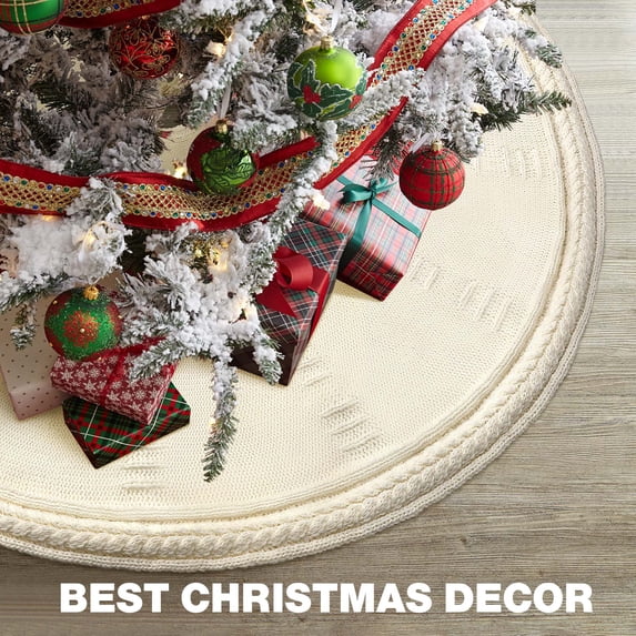 Ayieyill Christmas Tree Skirt, 48 inches White Tree Skirt Luxury Cable Knit Knitted Thick Rustic Xmas Tree Skirt Christmas Decoration, Cream