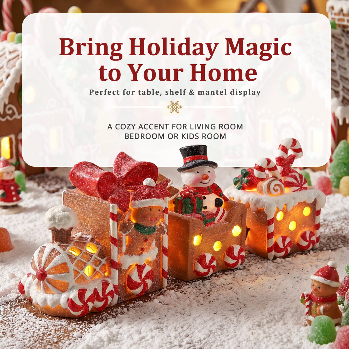 Ayieyill Lighted Gingerbread Train Christmas Decor Set, 3PCS Christmas Train Table Decor, Gingerbread Man Figurine Christmas Train Decoration for Indoor Decoration & Holiday Gift