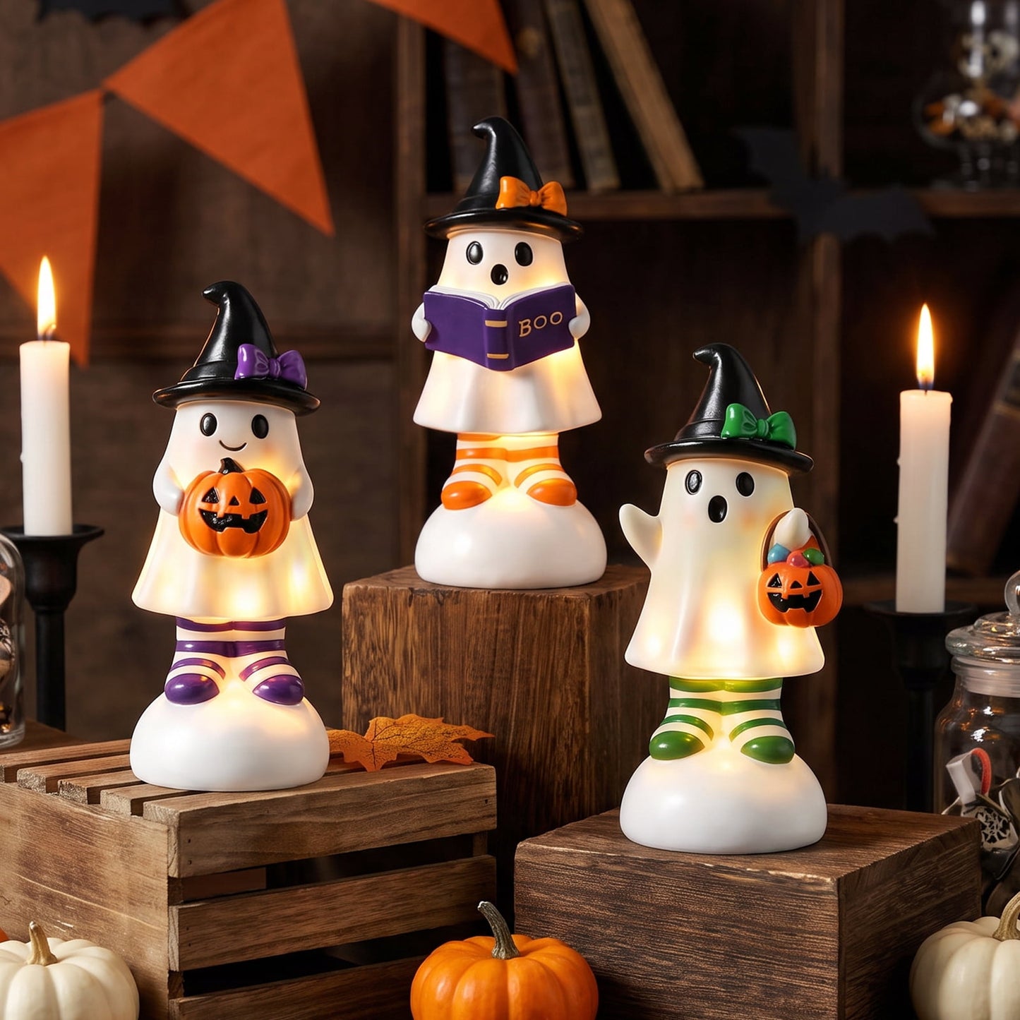 Ayieyill 3pcs Cute Spooky Ceramic Ghost for Halloween Decoration Indoor, Halloween Decorations,Ghost Figurines with Hats - Halloween Table Decorations