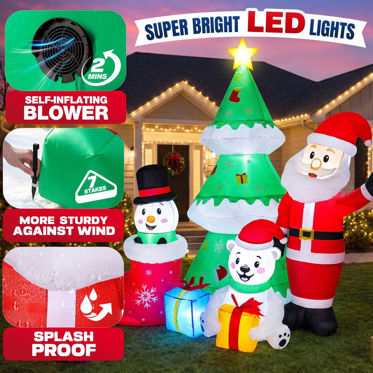 Ayieyill 6ft Christmas Inflatable Outdoor Decoration,Christmas Blow ups Santa Snowman Xmas Tree Polar Bear with L for Lawn Yard Garden