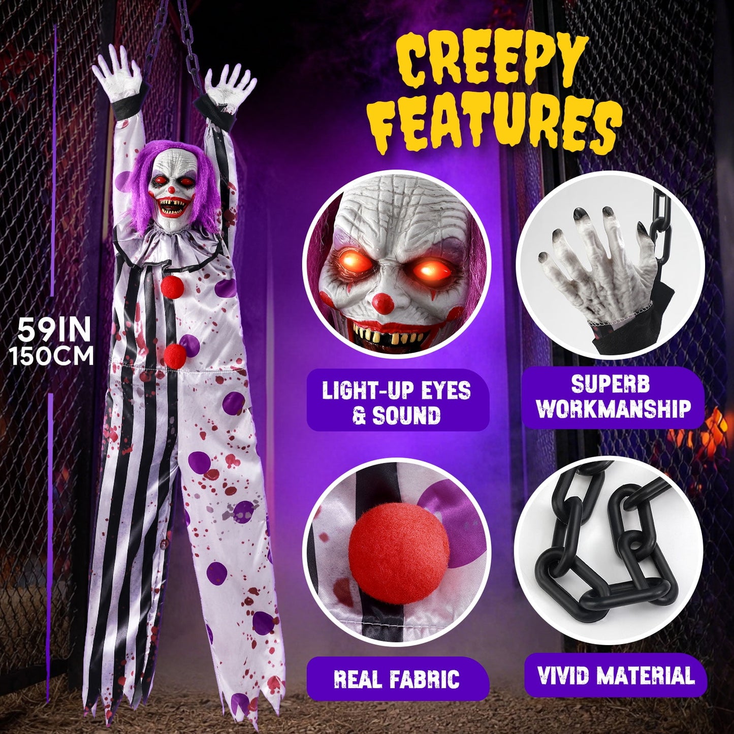 Ayieyill 59in Halloween Animatronics, Hanging Halloween Clown Sound Sensor, Scary Halloween Decorations  Outdoor, Haunted House Prop