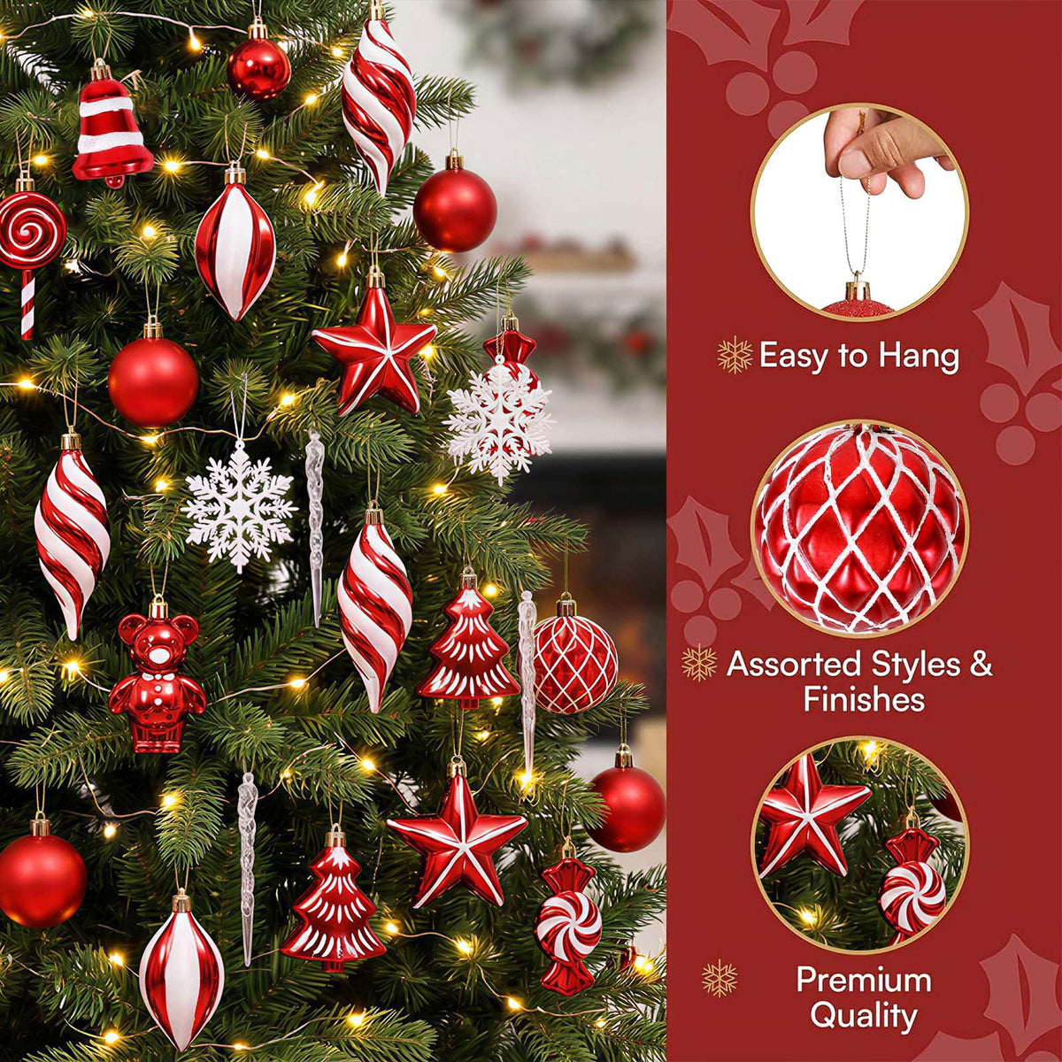 Ayieyill 40ct Christmas Ball Ornaments, Candy Cane Christmas Ornament Set, Shatterproof Christmas Ball with Rope for Tree