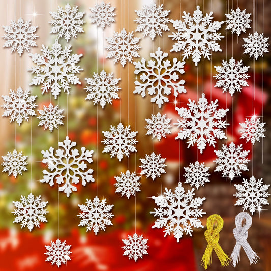 Ayieyill 46 Pcs White Glitter Snowflake Ornaments Various Size Plastic Winter Snowflakes Ornaments